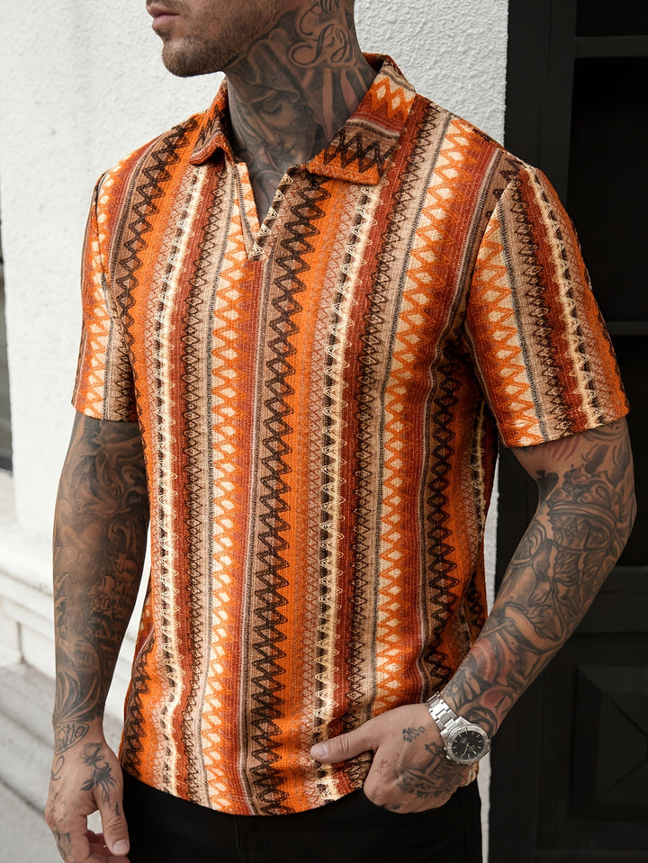 Men's Aztec jacquard polo shirt back view on a plain background