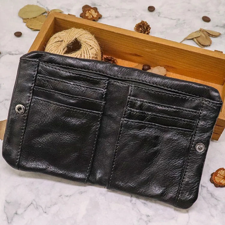 Leather Folded Wallet With Brass Snap Closure