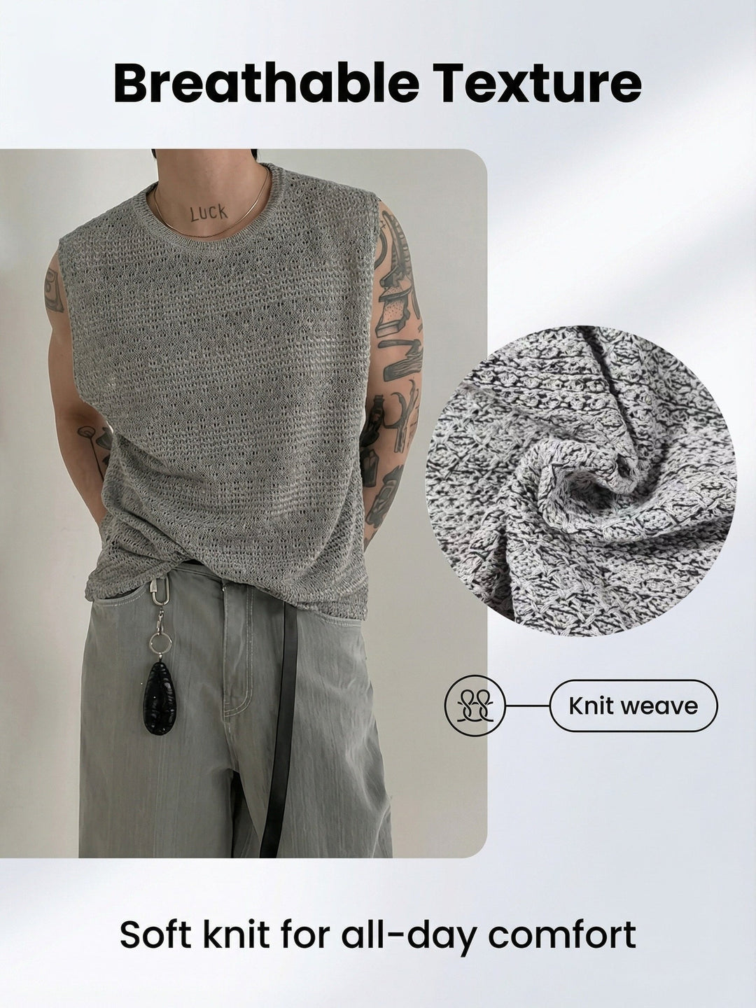 Men's open knit vest displayed flat to show shape and knit detail