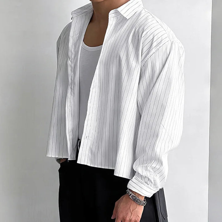 Men's Striped Breathable Loose Fit Long Sleeve Shirt White