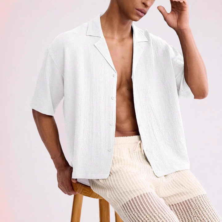 Men's summer camp collar shirt in relaxed fit shown on a model
