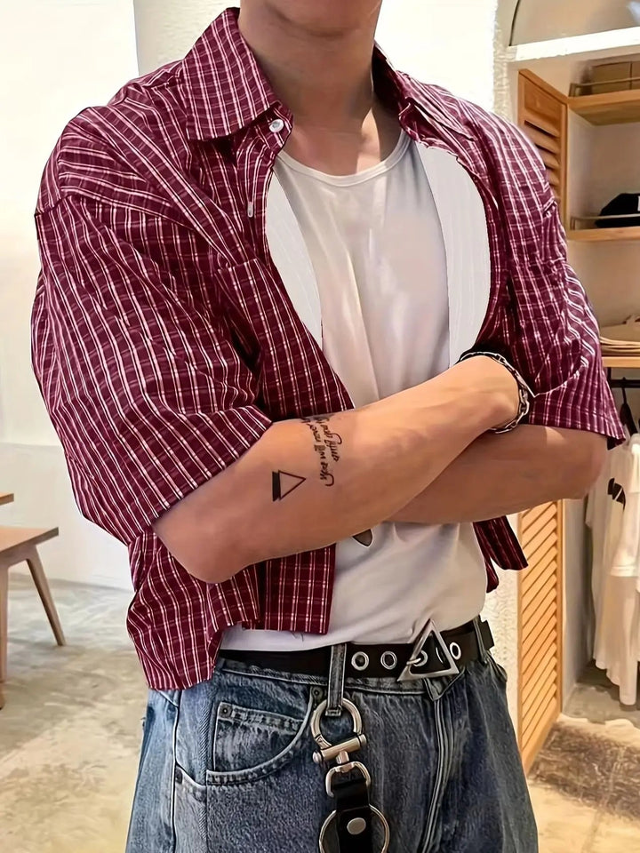 Men's Lightweight Short-Sleeve Checkered Button-Up Shirt Red