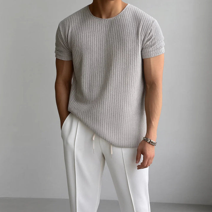 Rib-Knit Crewneck Cuffed Sleeve T-Shirt