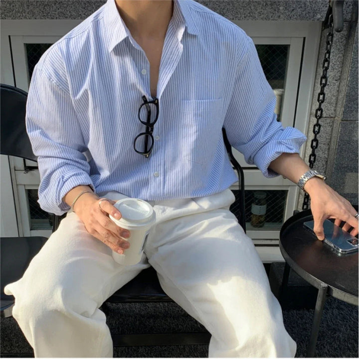 Oversized Striped Shirt Coat Long Sleeve Men Unisex Casual