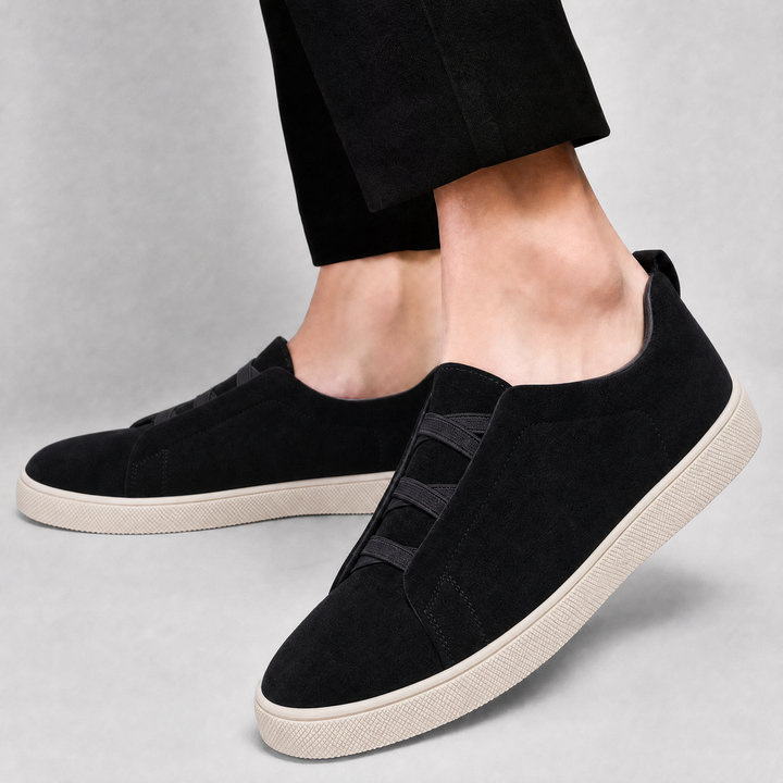 Men's suede sneakers presented as a complete pair