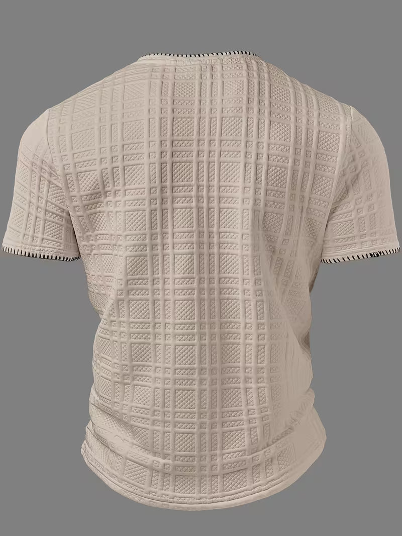 Relaxed fit men's Henley T-shirt with textured fabric on display