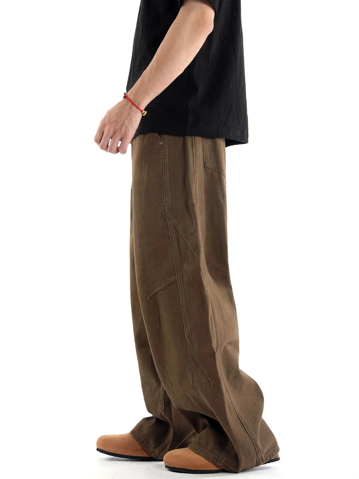 Men's Retro Curved Knife Wide-Leg Denim Pants Khaki Brown
