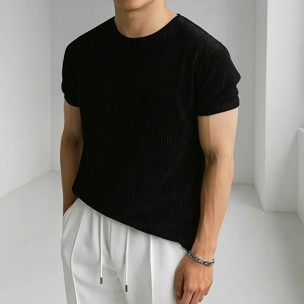 Rib-Knit Crewneck Cuffed Sleeve T-Shirt