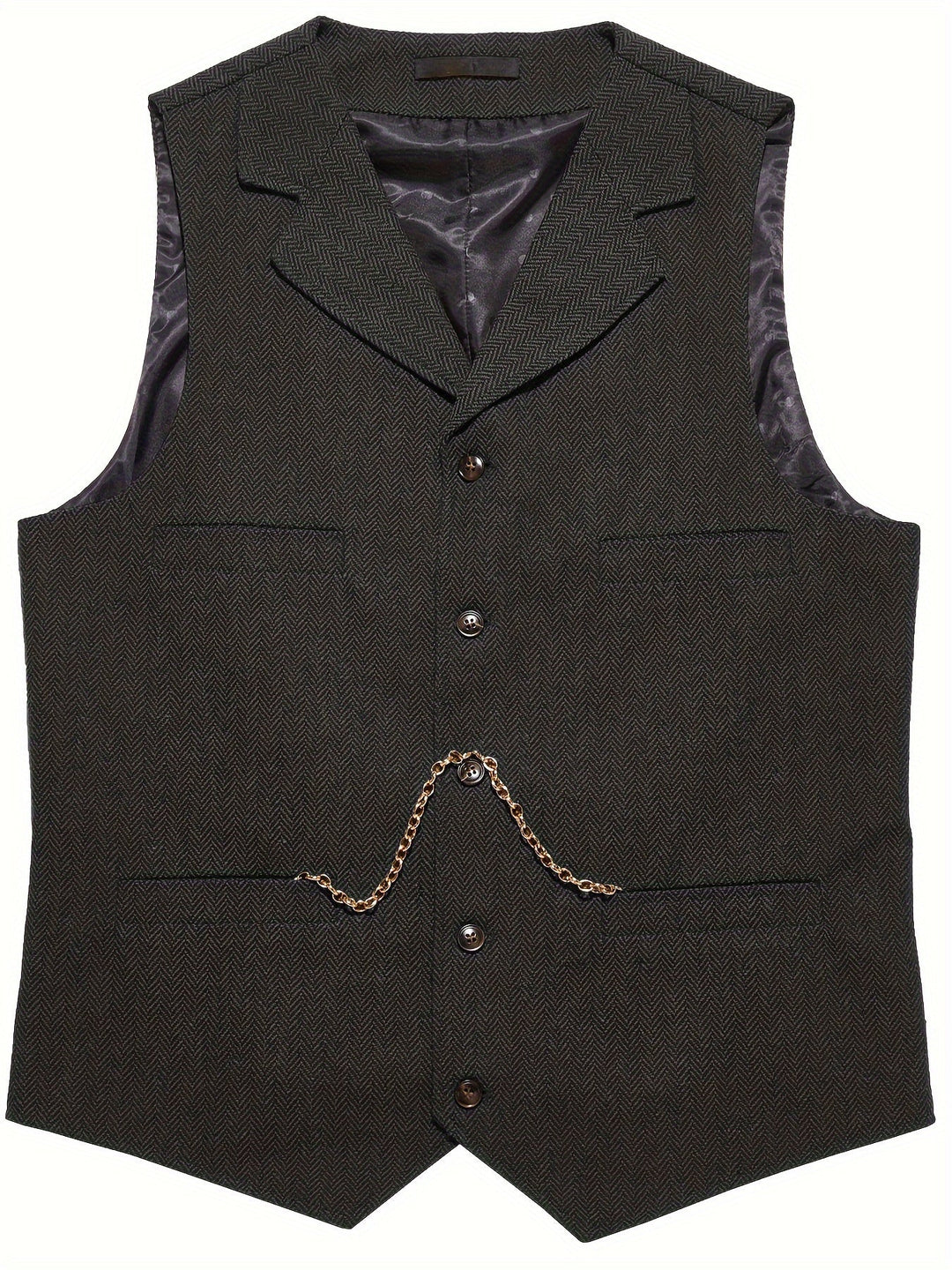Side view of a men's herringbone tailored waistcoat