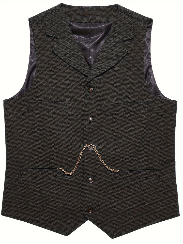 Side view of a men's herringbone tailored waistcoat