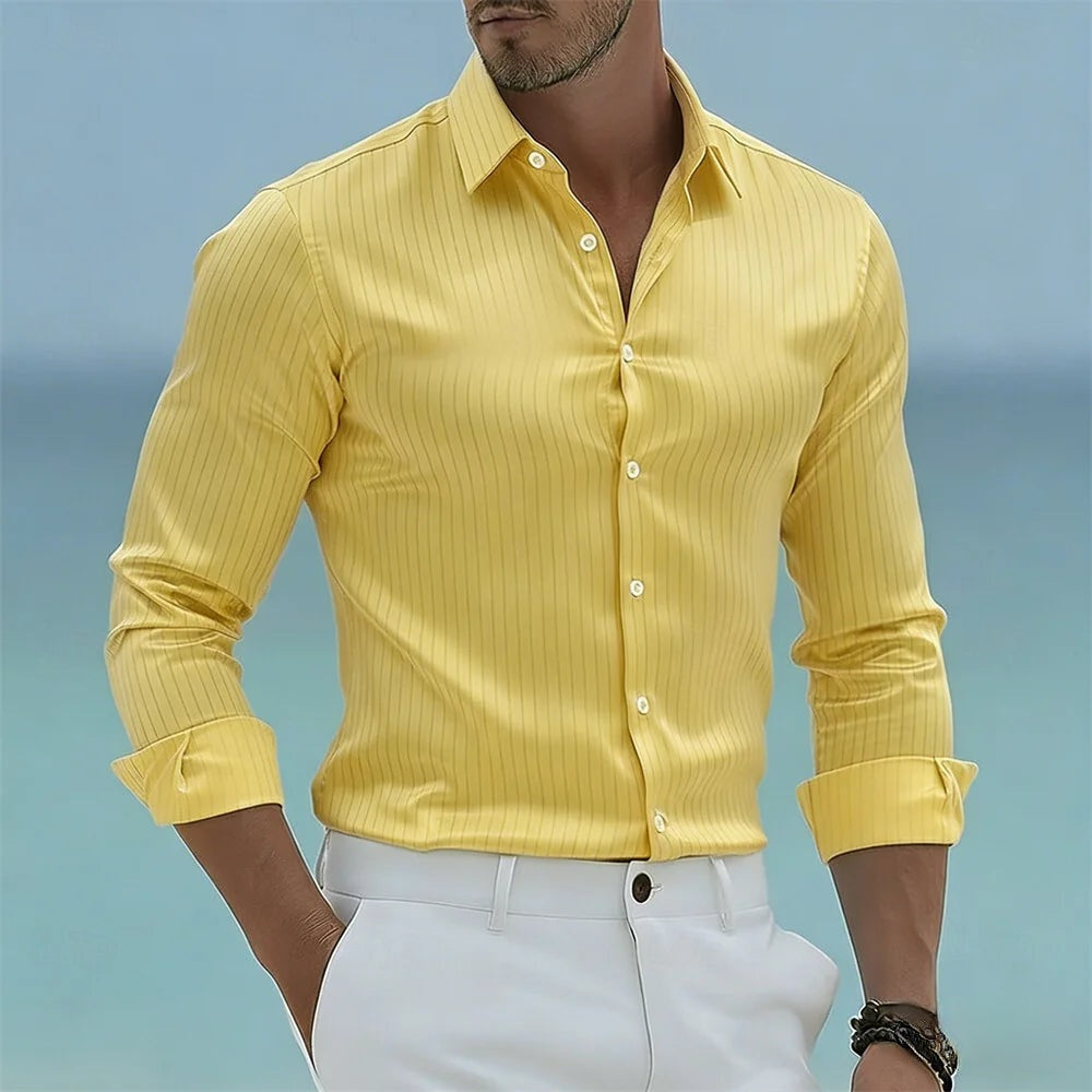 Men's Poplin Shirt Vertical Stripes Spread Collar