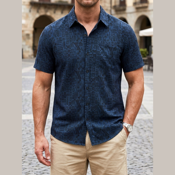 Men's short sleeve patterned shirt in multicolour shown from the front