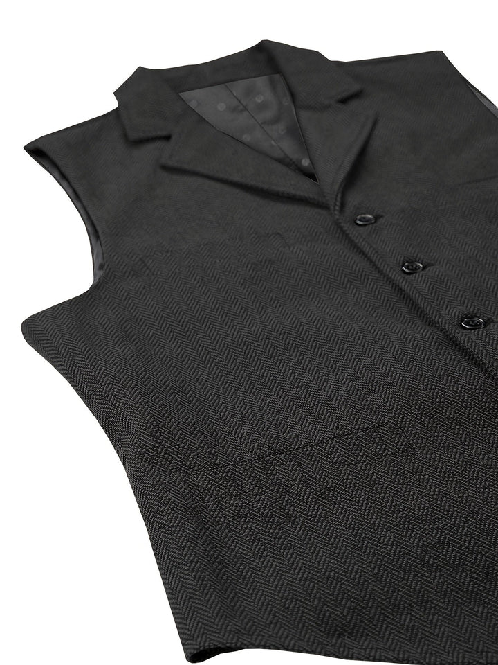 Detail of the welt pockets on a herringbone waistcoat