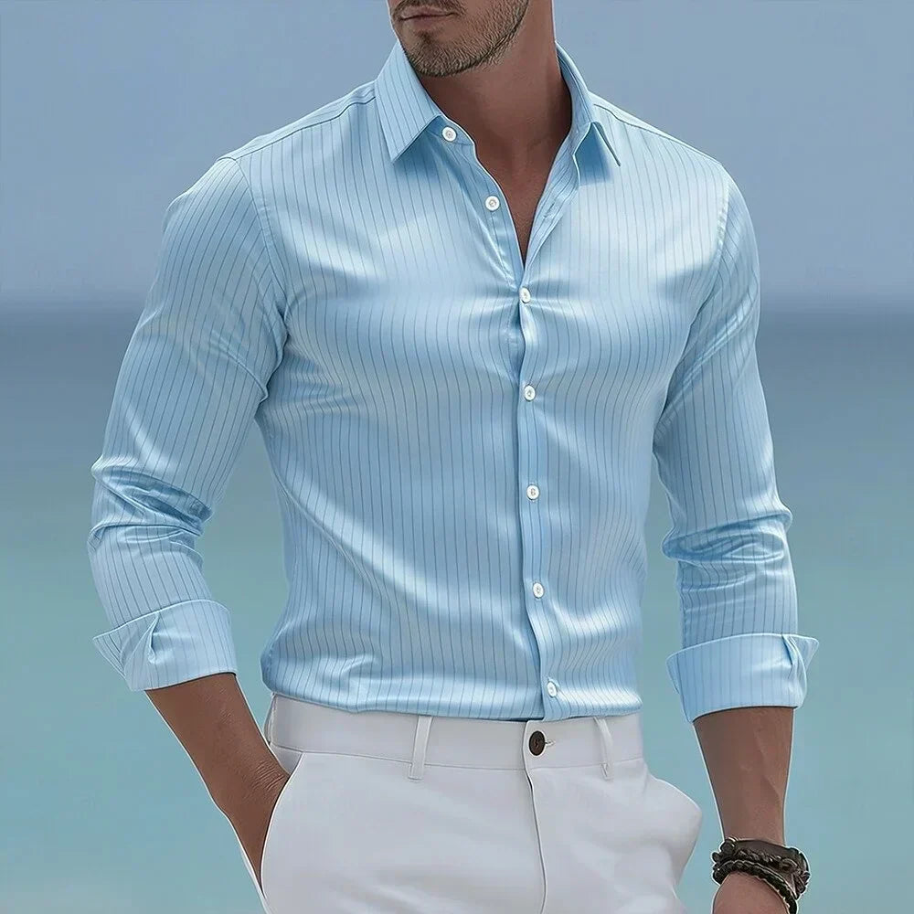 Men's Poplin Shirt Vertical Stripes Spread Collar