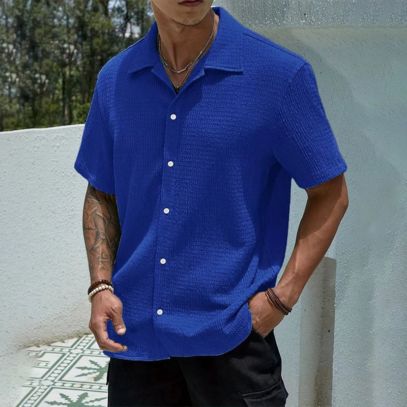 Men's Textured Cuban Collar Button-Front Shirt