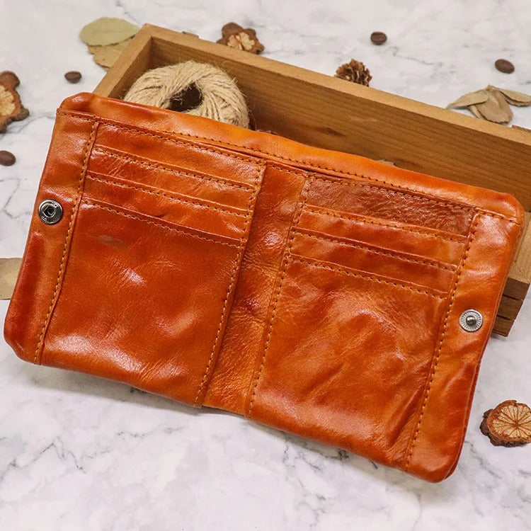 Leather Folded Wallet With Brass Snap Closure