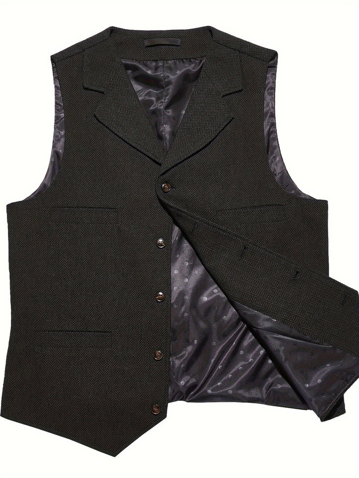 Men's waistcoat showing the button fastening and tailored cut