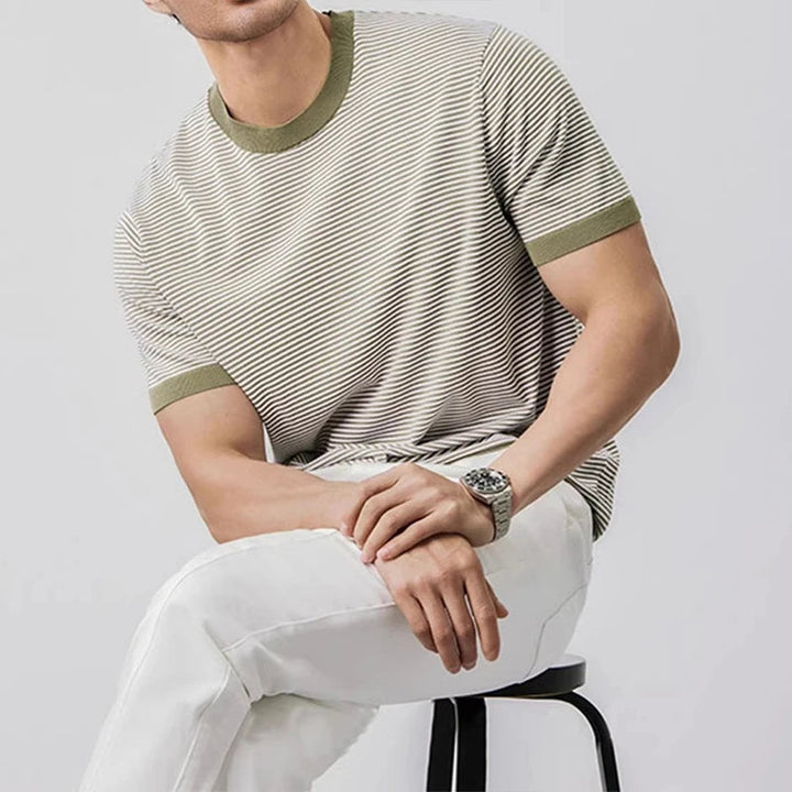 Men Striped Knit Slim-Fit T Shirt Navy Blue Green