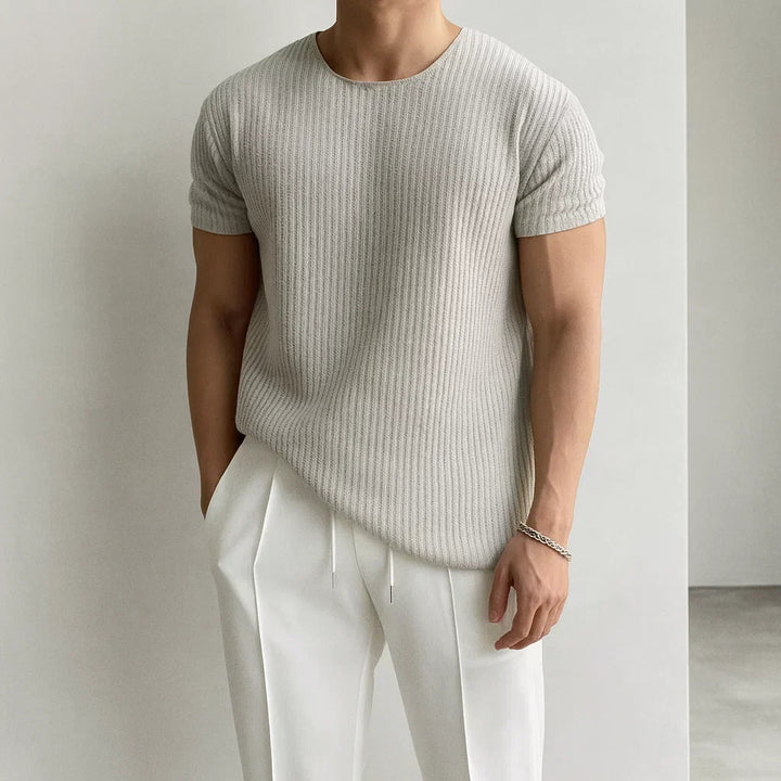 Rib-Knit Crewneck Cuffed Sleeve T-Shirt