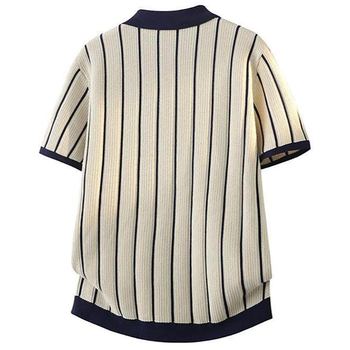 Men's Striped Knit Polo Shirt Patchwork Design White