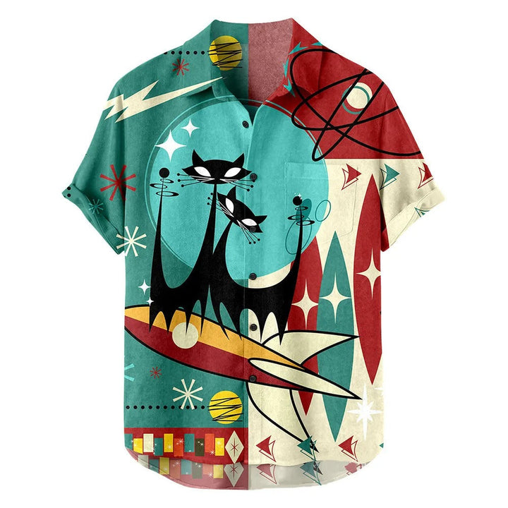 Retro Print Short-Sleeve Shirt Cat Motif