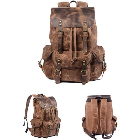 Waxed Canvas Leather Adventurer Backpack Brown
