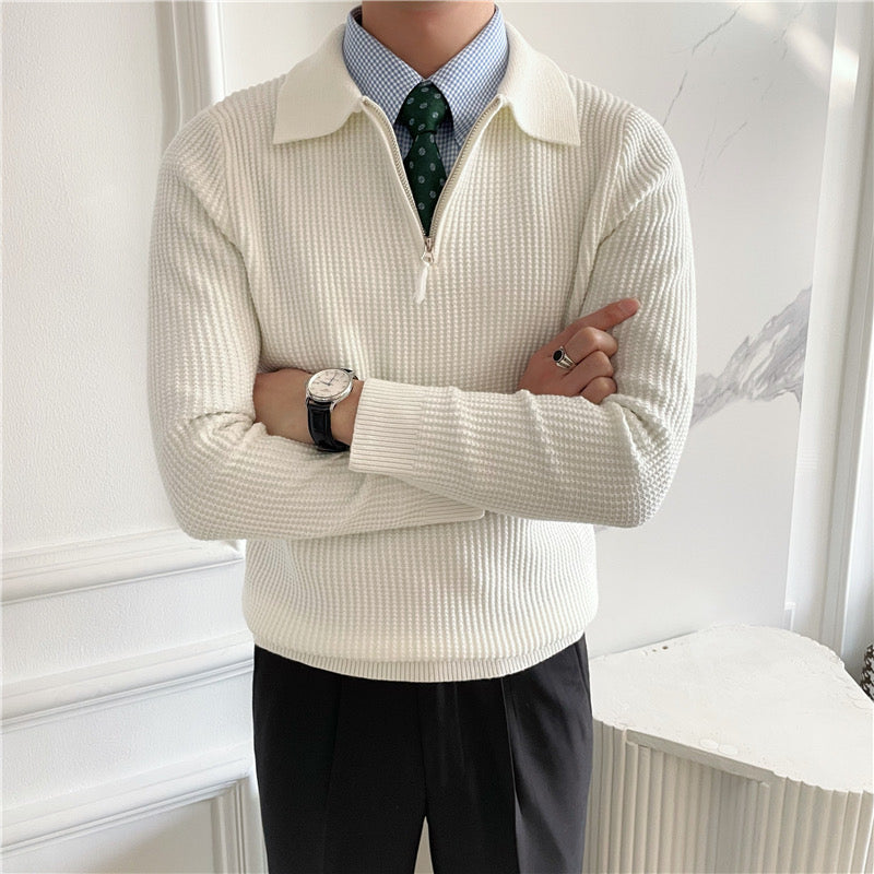 Men's cotton knit half zip jumper shown from the front