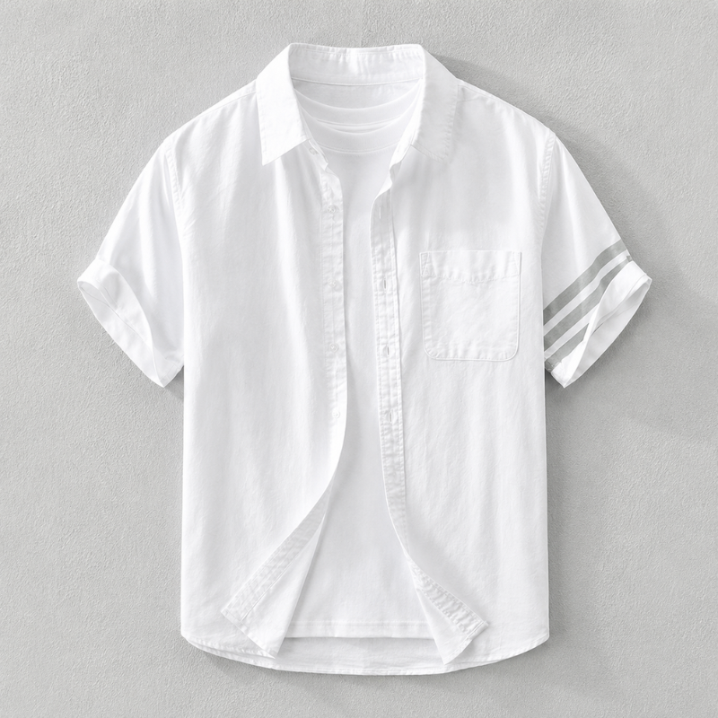 Close-up of the men's linen blend tailored shirt fabric and button fastening