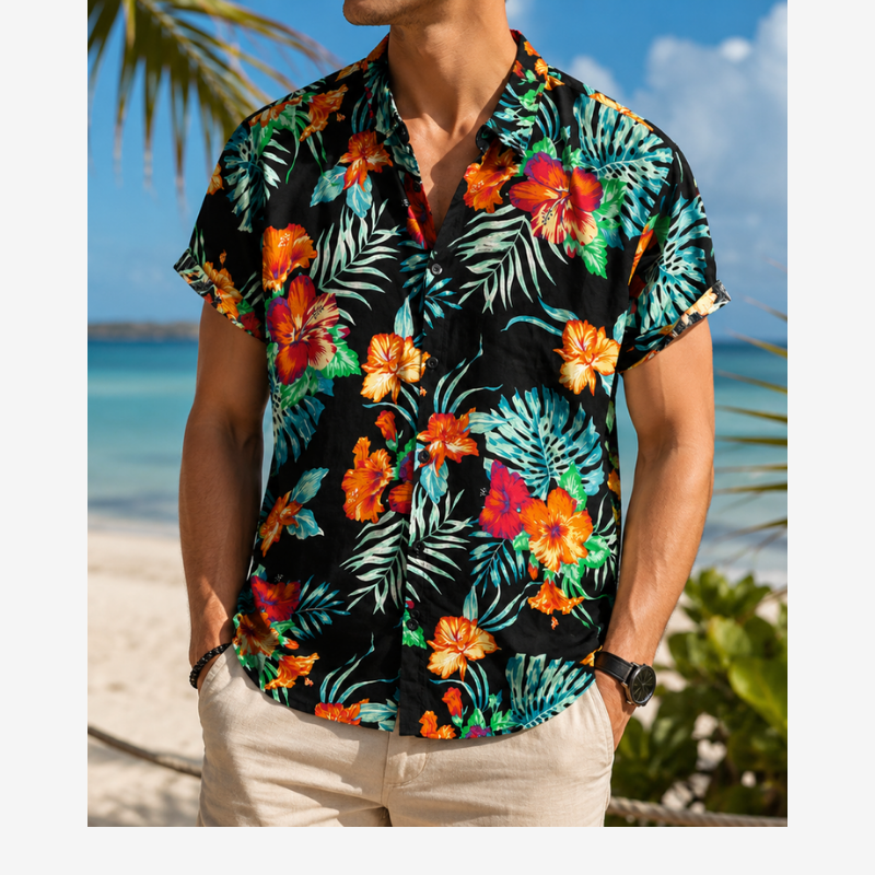 Close-up of the multicolour pattern on the men's short sleeve shirt