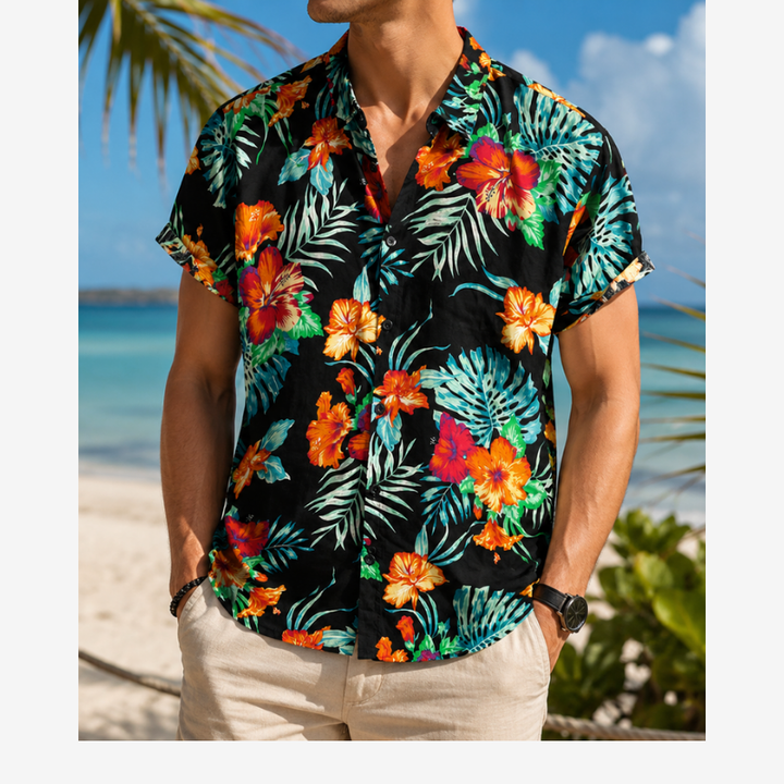 Close-up of the multicolour pattern on the men's short sleeve shirt