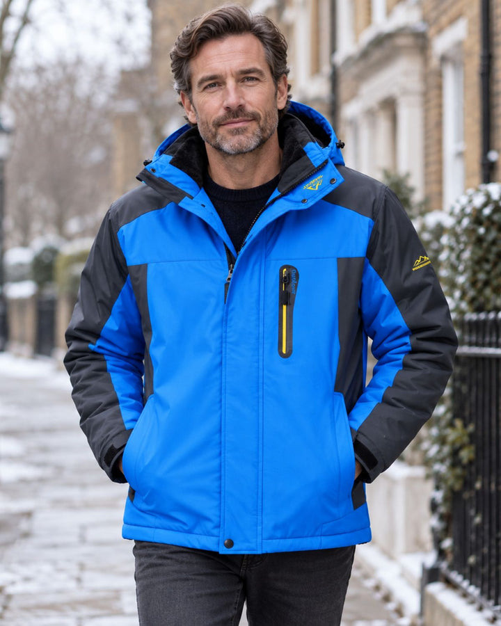 Men's winter jacket with attached hood shown from the side