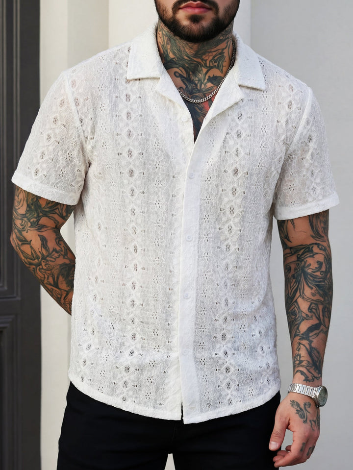 Close-up of the textured open-weave knit fabric on the men's shirt