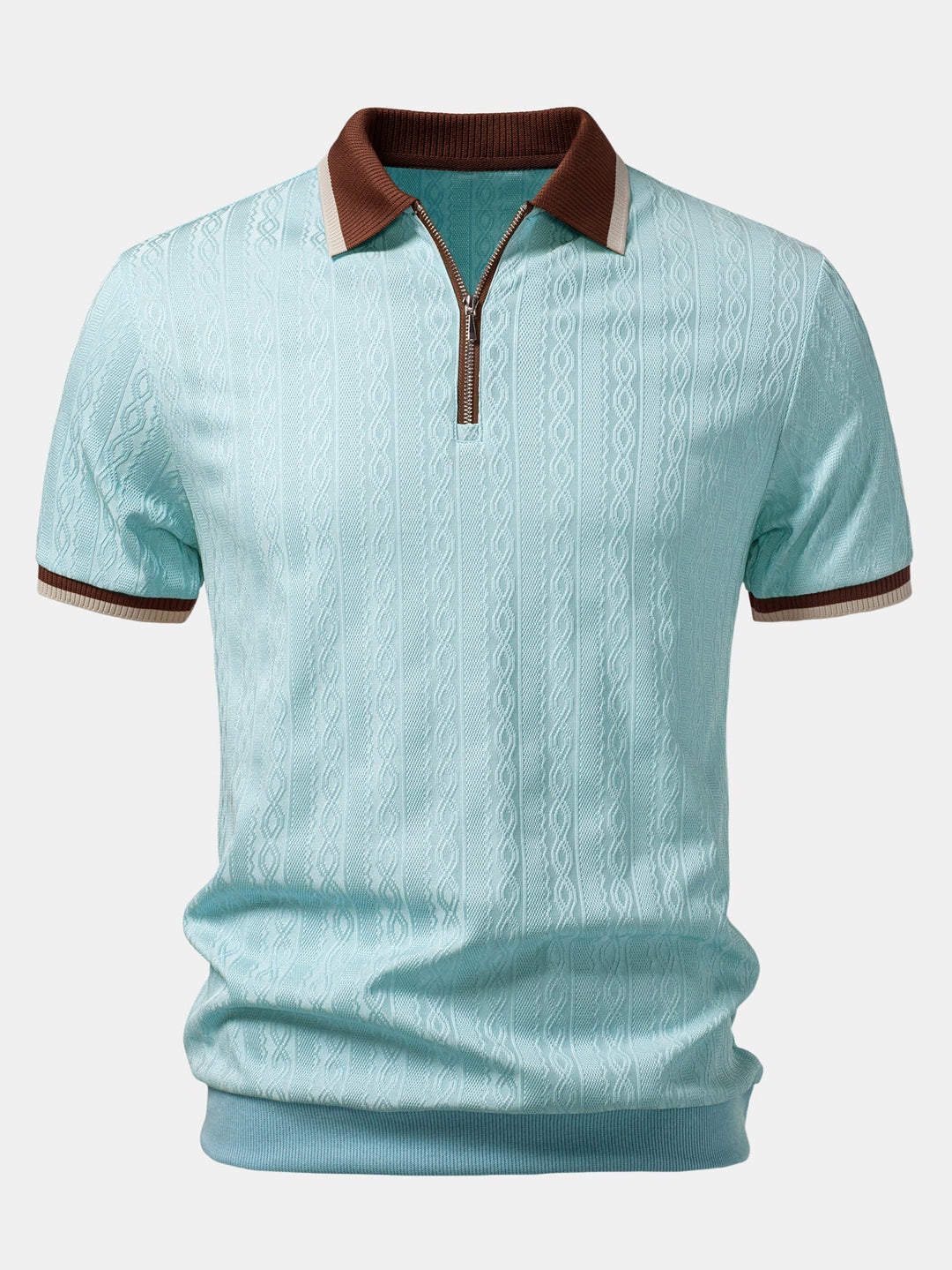 Men's knitted zip polo shirt shown on model, front pose