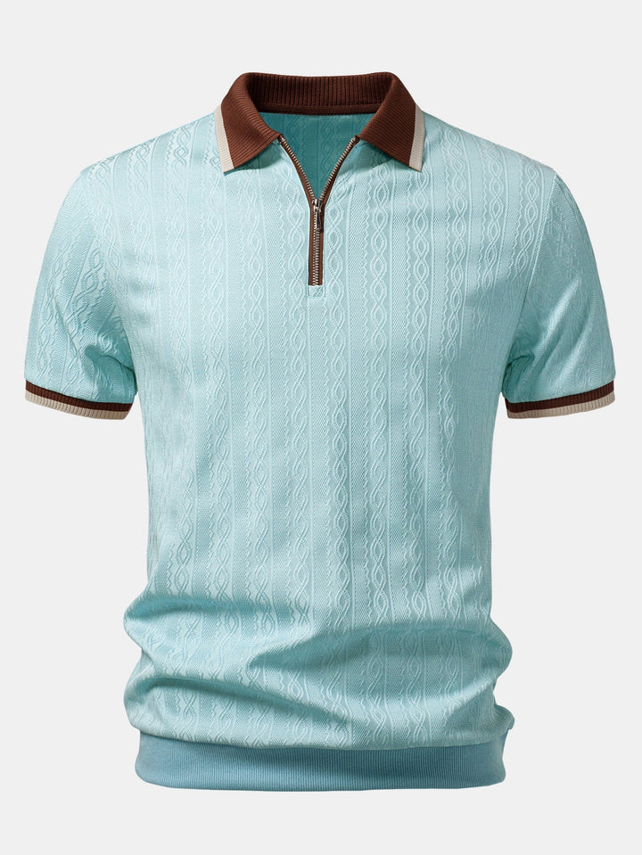 Men's knitted zip polo shirt shown on model, front pose