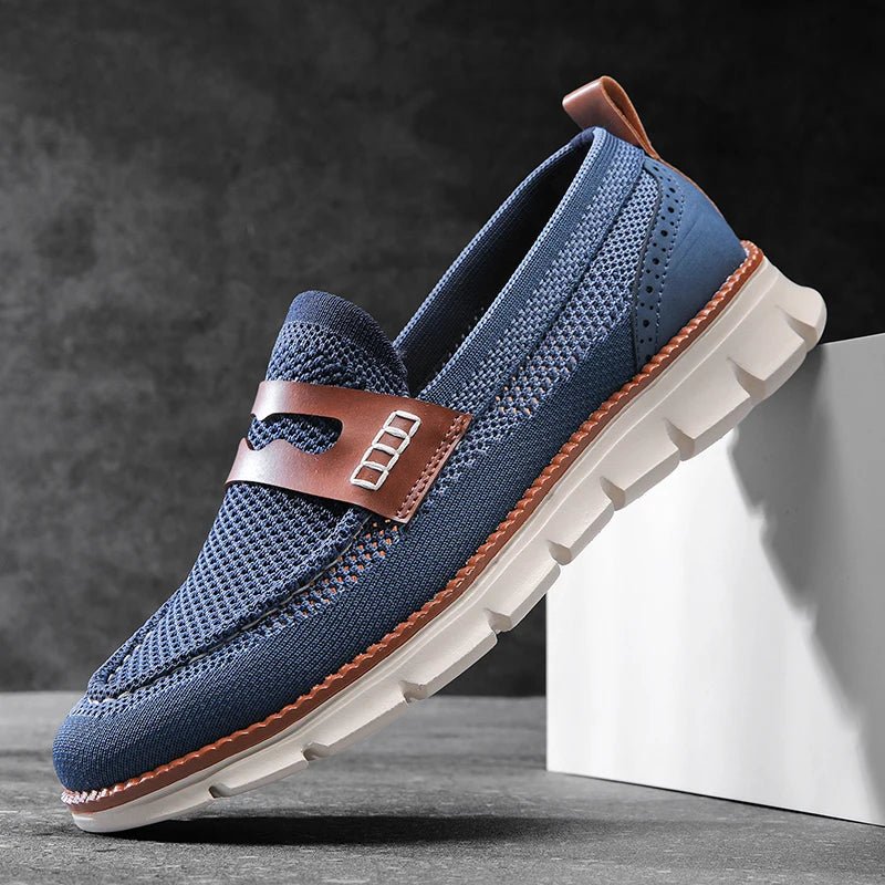 Men's mesh penny loafers with leather trim viewed from the side
