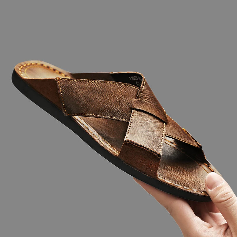Men's Leather Open Toe Home Slippers Plus Size Black Brown