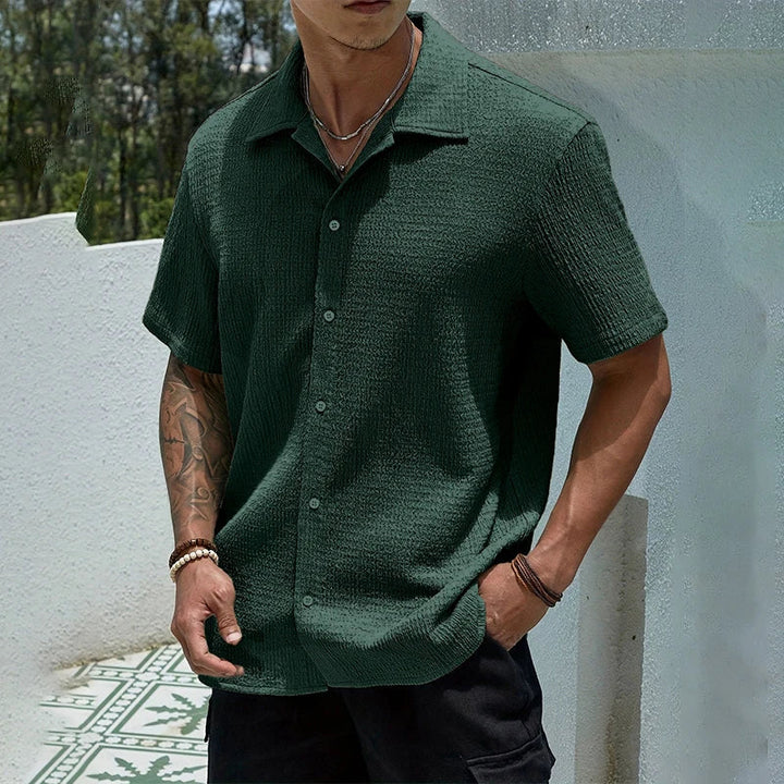Men's Textured Cuban Collar Button-Front Shirt