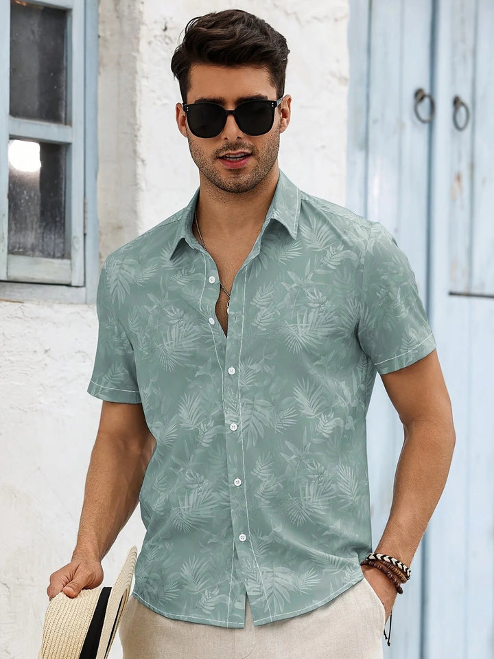 Men's Tropical Print Fitted Short-Sleeve Shirt Light Green
