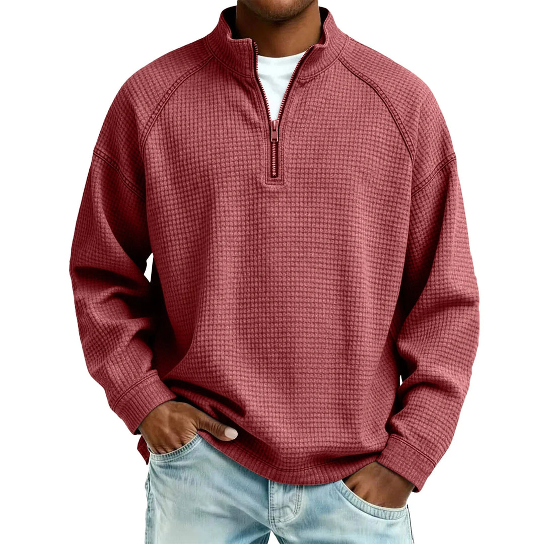 Men Waffle Knit Quarter Zip Pullover Loose Fit Casual Top