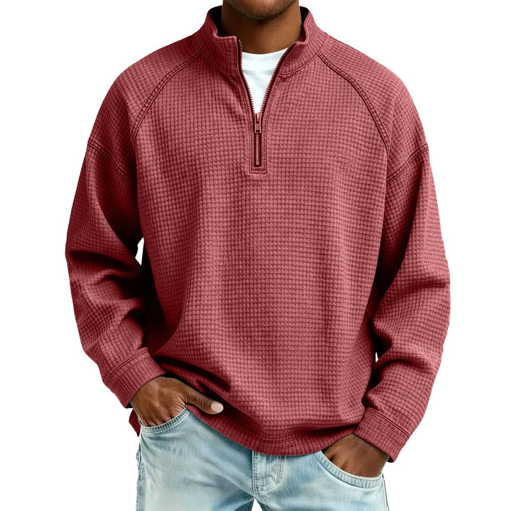 Men Waffle Knit Quarter Zip Pullover Loose Fit Casual Top