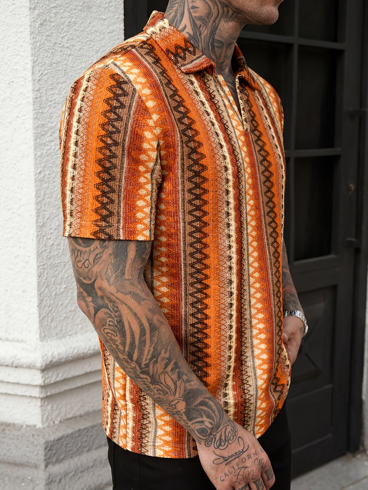 Men's Aztec jacquard polo shirt side view showing textured pattern