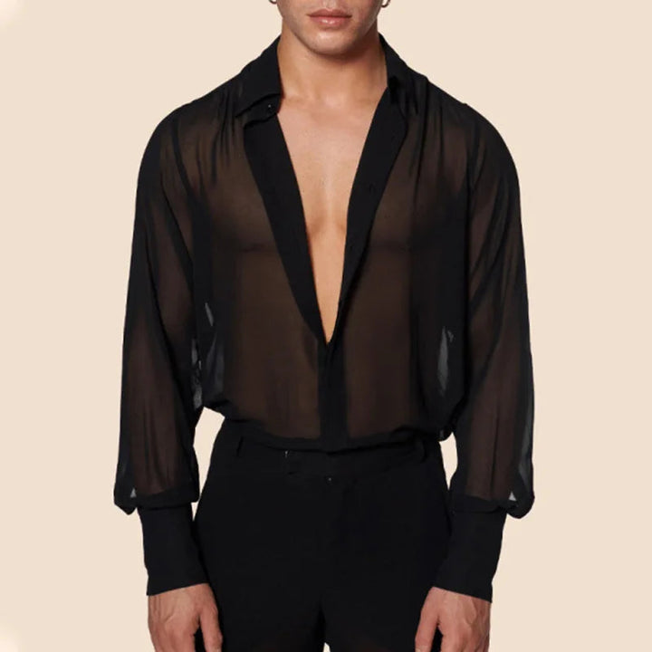 Men's Slim Fit Mesh Long Sleeve Button-Down Shirt Black