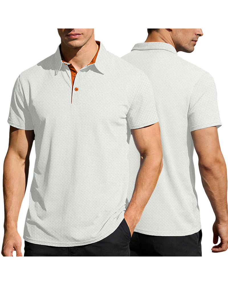 Close-up of collar and placket on men's polo shirt