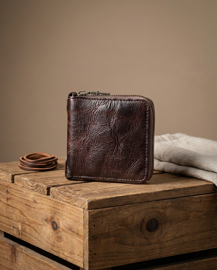 Compact Cowhide Leather Zip Wallet Men’s