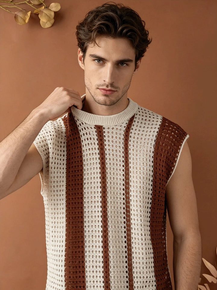 Men's Hollow Out Striped Knit Vest Loose Fit Sleeveless Sweater
