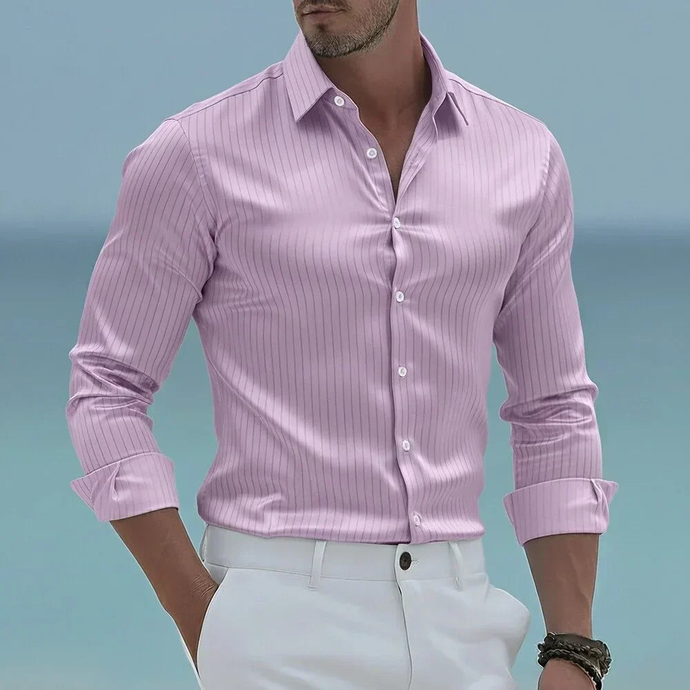 Men's Poplin Shirt Vertical Stripes Spread Collar