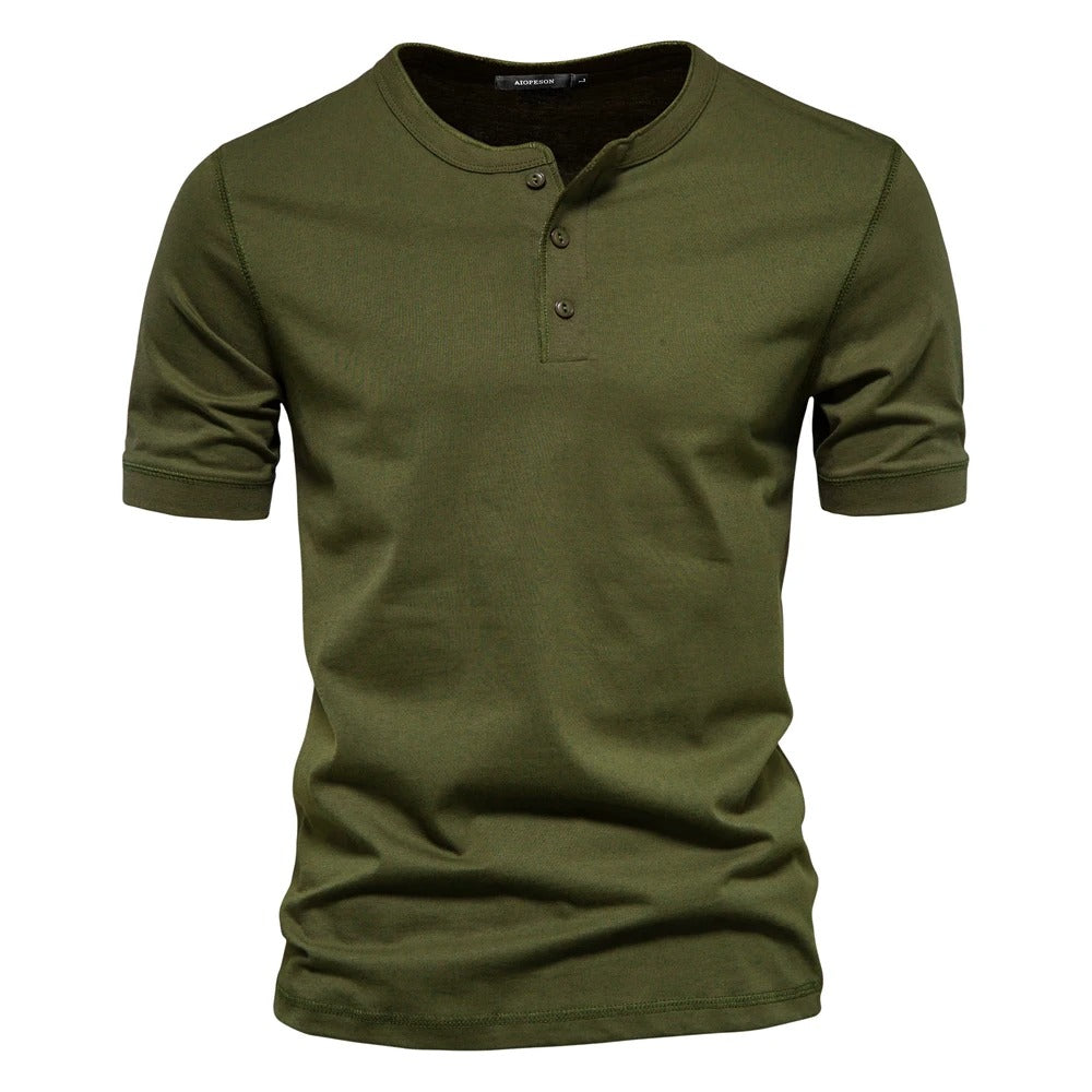 Men's Slim Fit Crew Neck Henley Shirt Cotton Blend Navy Blue