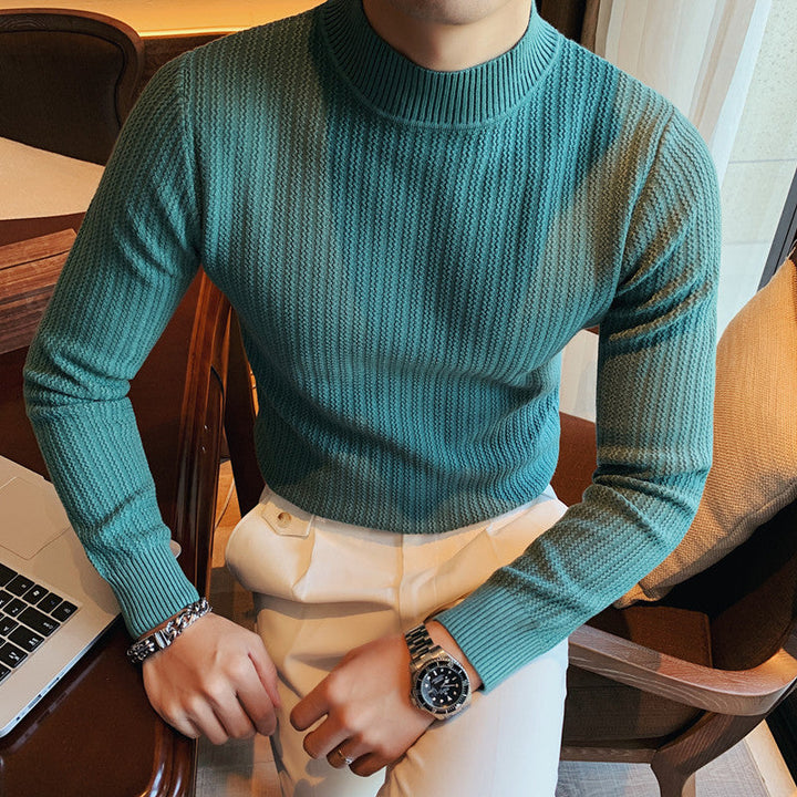 Side view of a men's textured collared pullover jumper