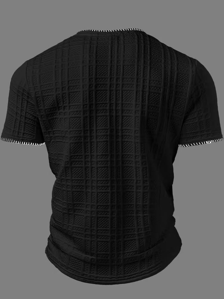 Front close-up of the men's textured Henley T-shirt collar and placket