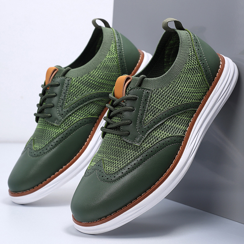 Men's mesh leather trainers in side profile showing breathable panel design